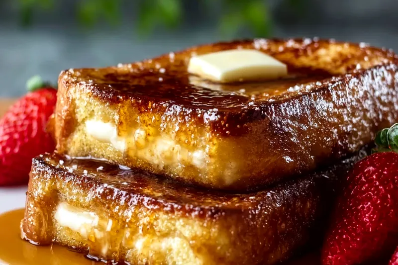 Overnight crème brûlée French toast being torched with kitchen torch, showing sugar caramelizing into golden-brown crispy crust