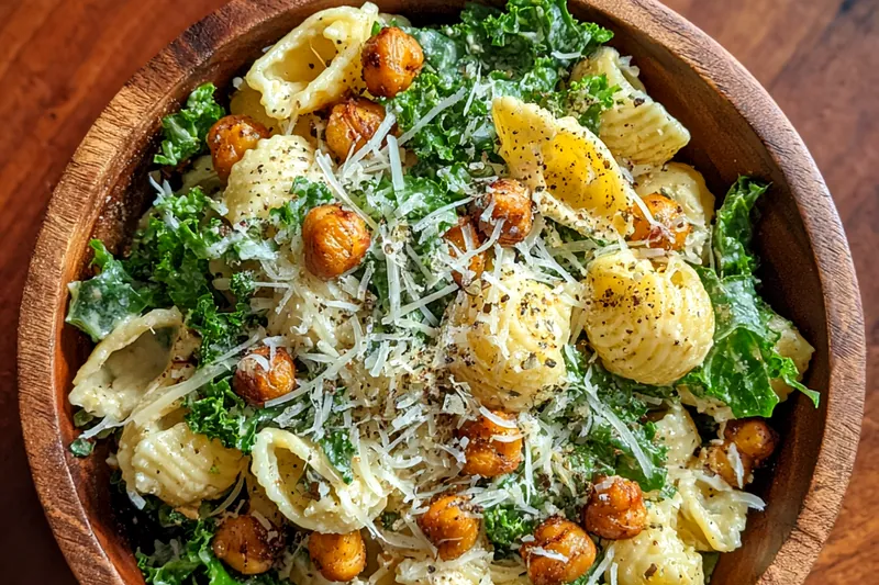 Fresh ingredients for Creamy Pasta Caesar Delight arranged neatly on a kitchen counter.