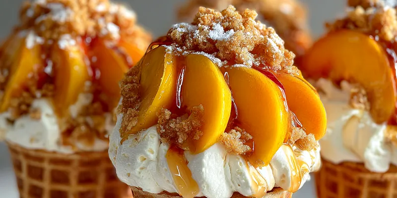Delicious Peach Cobbler Cheesecake Cones served on a plate