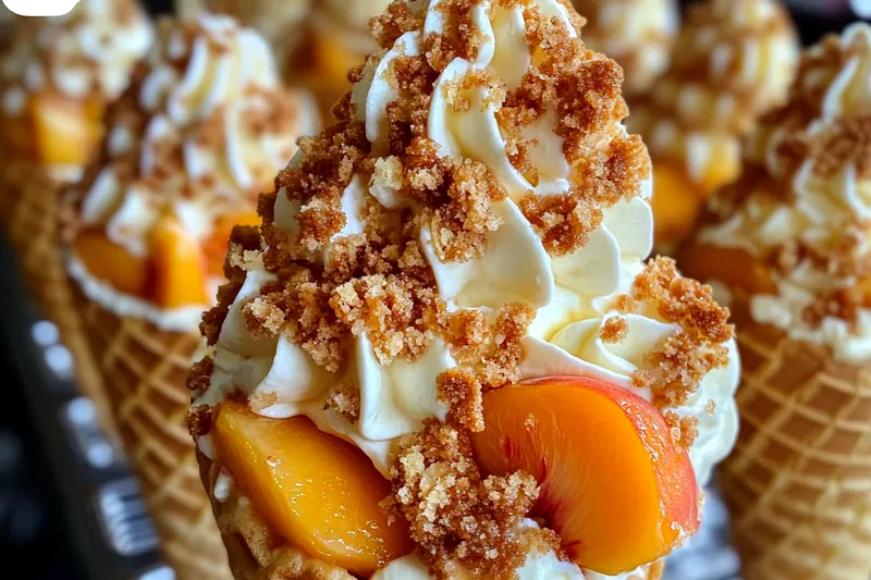 Step-by-step process showing peaches being cooked, cheesecake filling being prepared, crumble being baked, and final assembly in waffle cones