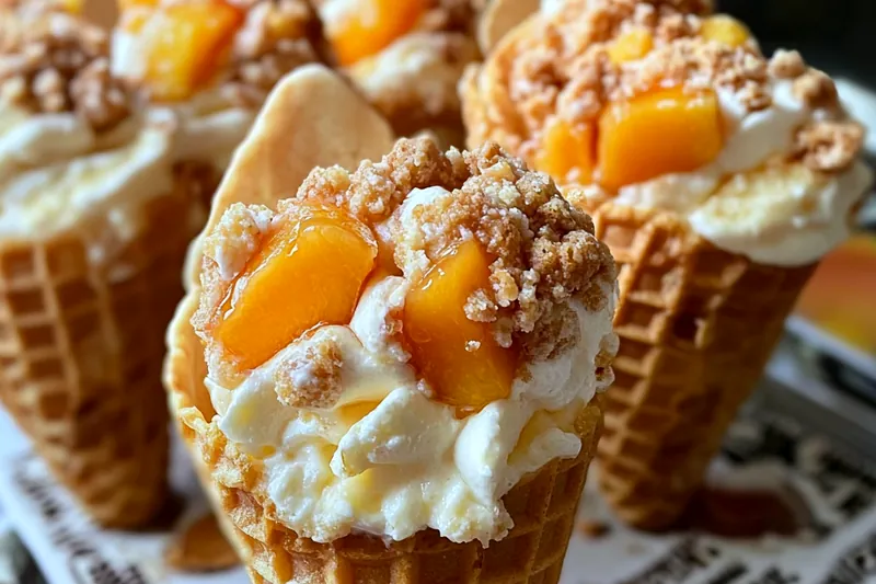 Fresh ingredients for peach cobbler cheesecake cones including ripe peaches, cream cheese, waffle cones, oats, and spices arranged on a rustic wooden board