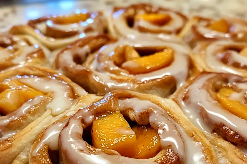 Fresh peaches, flour, sugar, and other ingredients displayed for Peach and Cinnamon Sweet Rolls.
