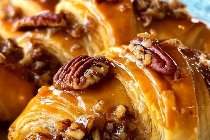 Pecan pie crescent rolls being assembled, showing the filling being placed on crescent dough triangles before rolling