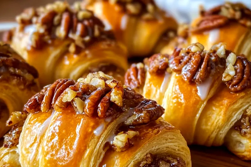 Ingredients for pecan pie crescent rolls including crescent roll dough, chopped pecans, brown sugar, corn syrup, and butter arranged on a marble countertop