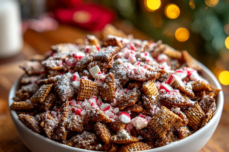 The process of melting chocolate and peanut butter together in a bowl, ready for mixing with the Chex cereal.