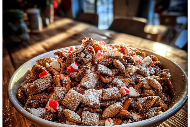 A colorful display of all ingredients required for Festive Peppermint Puppy Chow, including cereal, chocolate, peanut butter, and peppermint candies.