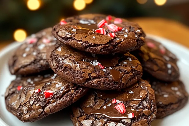 Baking tray filled with freshly baked Peppermint Fudge Brownie Cookies, ready to be cooled.