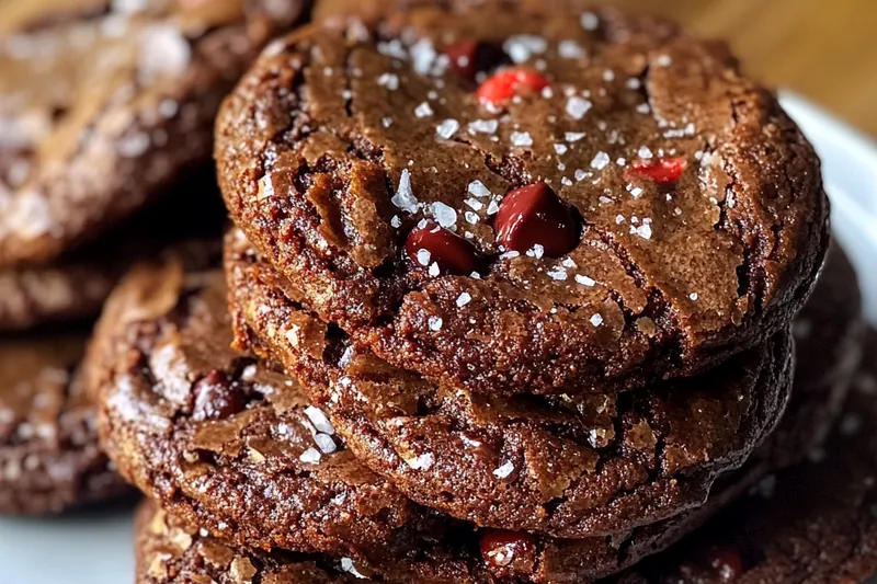 An assortment of ingredients including butter, sugar, flour, cocoa powder, and peppermint candies for Peppermint Fudge Brownie Cookies.