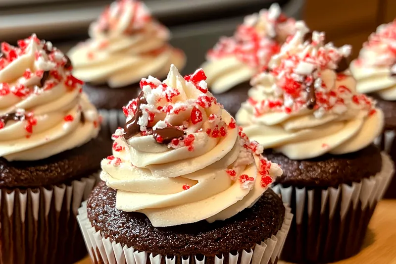 The baking process of Festive Peppermint Mocha Treats, showing cookies spreading slightly on an oven tray.