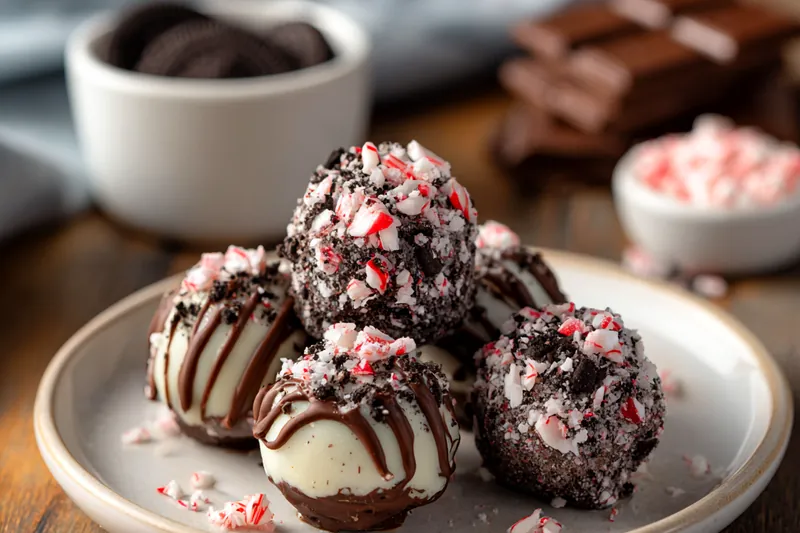 Oreo cookies, cream cheese, peppermint extract, white and dark chocolate, and crushed candy canes arranged on a marble surface