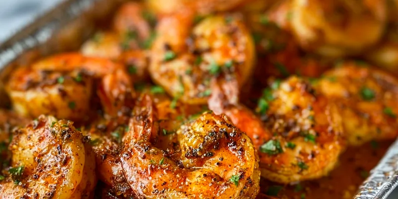 Perfectly cooked Cajun shrimp with golden-brown spice coating, garnished with green onions and parsley in a cast iron skillet with lemon wedges