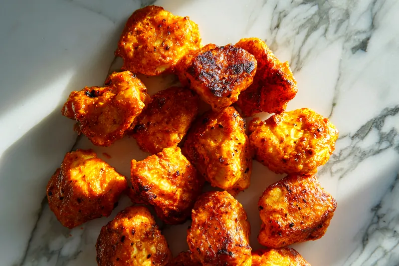 Fresh ingredients for peri peri fish nuggets including fish fillets, flour, and spices.