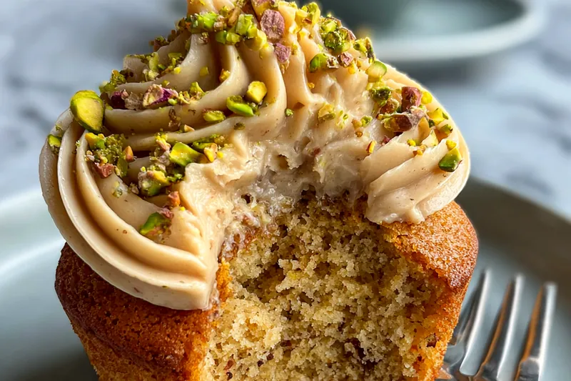 A collection of fresh ingredients for Pistachio Cream Cupcakes including flour, sugar, and chopped pistachios.