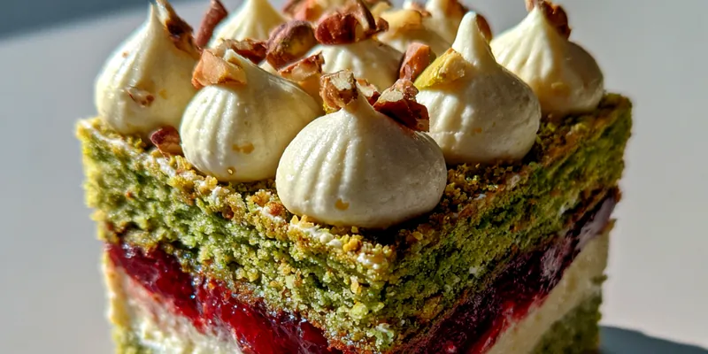 Delicious Pistachio Raspberry Cake served on a plate