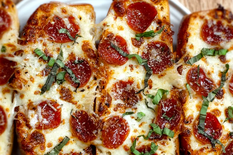 Pizza boats baking in the oven showing melted cheese bubbling and browning, with pepperoni and vegetables perfectly cooked