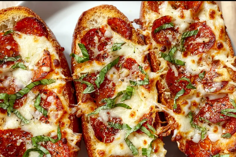 Fresh ingredients for pizza boats including sub rolls, mozzarella cheese, pepperoni, vegetables, and pizza sauce arranged on a marble countertop