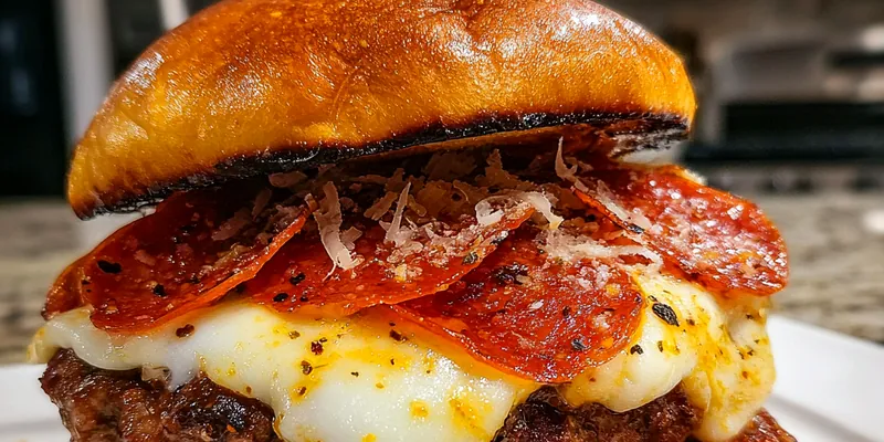 A beautifully plated Savory Pizza-Style Burger with melted cheese and fresh basil on a rustic wooden table.