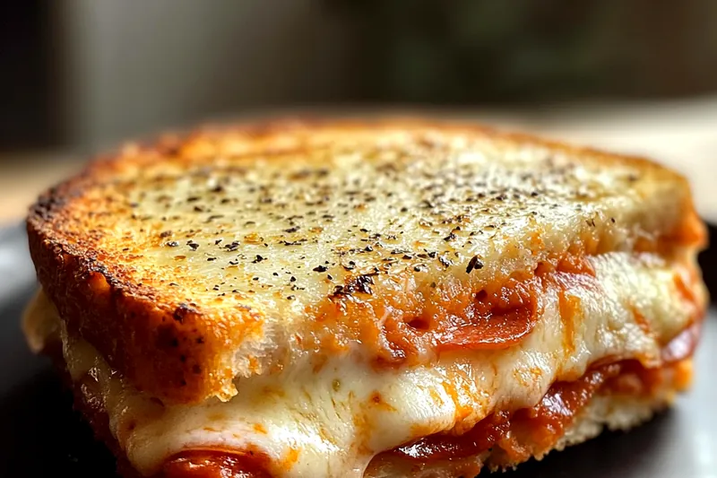The process of grilling Cheesy Pizza Sandwich Delight, showcasing the golden brown crust and melted cheese.