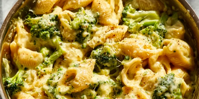 Golden-brown broccoli mac and cheese in a baking dish with crispy breadcrumb topping, showing tender broccoli florets and creamy cheese sauce