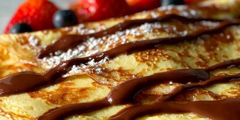 Two golden folded crepes on a white plate, dusted with powdered sugar, with fresh berries and a lemon wedge on the side