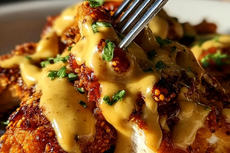 Golden pretzel-crusted chicken baking in the oven with a bubbling cheese sauce in a saucepan on the stovetop