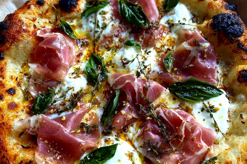 Cooking process for Prosciutto Honey Basil Pizza