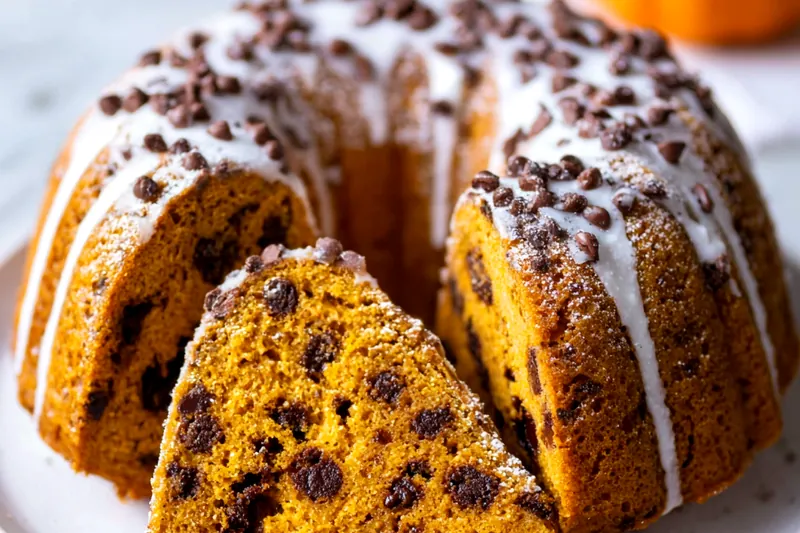 Pumpkin chocolate chip cake batter being poured into a prepared baking pan, showing the rich orange color and chocolate chips throughout