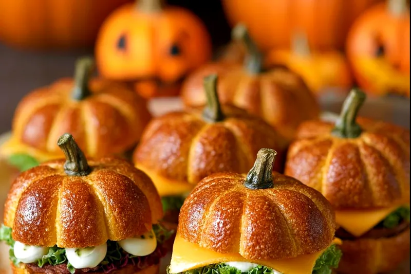 Pumpkin-shaped slider patties cooking in a skillet, showing the distinctive ridged shape with melting orange cheese on top beginning to form the pumpkin appearance