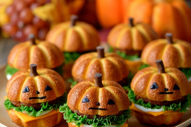 Ingredients for pumpkin-shaped sliders arranged artfully, showing ground beef, orange-colored cheese, pretzel sticks, and seasonings on a dark background with fall leaves