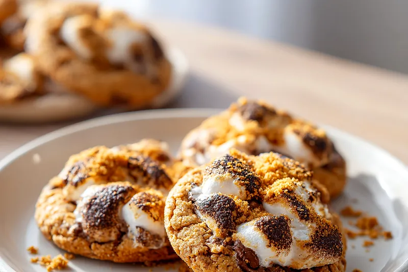 Pumpkin s'mores cookie dough balls on a baking sheet topped with mini marshmallows, ready to go in the oven