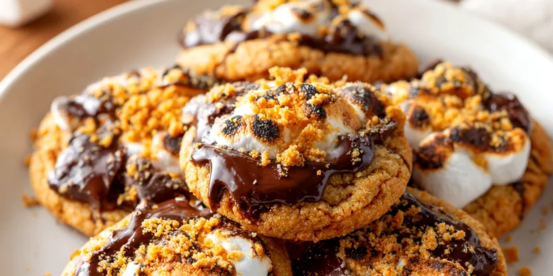 Stack of soft pumpkin s'mores cookies with golden-brown edges, topped with toasted marshmallows, chocolate chunks, and graham cracker pieces visible throughout