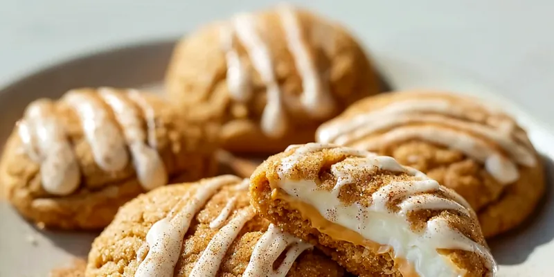 Golden brown pumpkin snickerdoodle cookies on a gray ceramic plate, showing soft textured surface with cinnamon sugar coating and white cream cheese glaze drizzled on top, with one cookie broken open to reveal moist interior