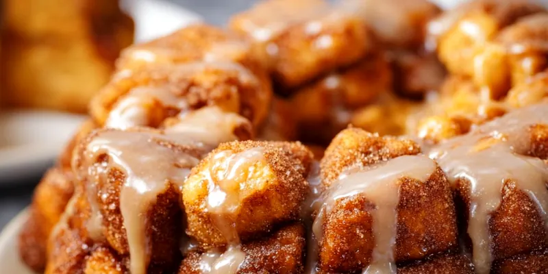 Golden-brown pumpkin spice monkey bread in a bundt pan with sweet glaze drizzling down the sides, showing the pull-apart texture with visible cinnamon-sugar coating