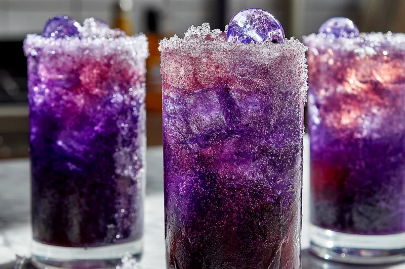 Colorful array of purple drink ingredients including grape juice, blueberries, blue syrup bottles, fresh citrus, and garnishes on a white counter