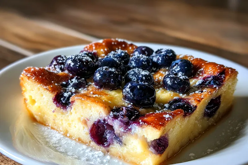 A selection of fresh ingredients for Quick Blueberry Breakfast Casserole including blueberries, eggs, and cubed bread.