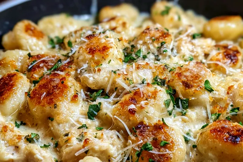 Raw chicken pieces, gnocchi, bacon strips, cream cheese, ranch seasoning packet, and fresh herbs arranged on a kitchen counter