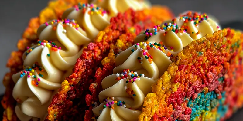 Vibrant rainbow cereal dessert tacos with crispy Fruity Pebbles shells, swirled vanilla cream filling, topped with colorful sprinkles and cereal pieces on a dark slate