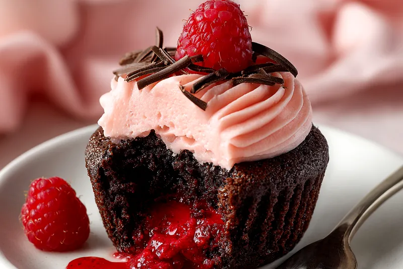 Flat lay of cupcake ingredients on white marble surface including flour, cocoa powder, eggs, buttermilk, fresh raspberries, raspberry preserves, butter, powdered sugar, freeze-dried raspberry powder, and chocolate in organized bowls and measuring cups