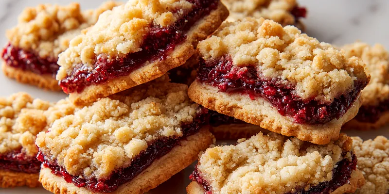 Golden raspberry crumble cookies with visible jam centers and buttery streusel topping, dusted with powdered sugar on a cooling rack