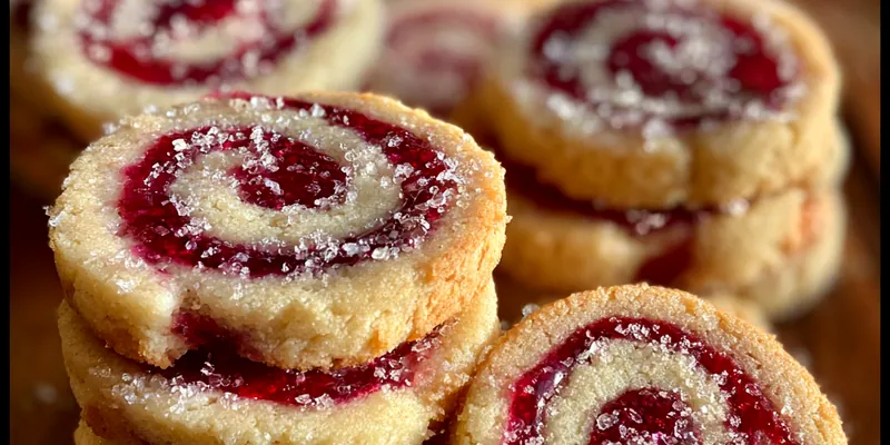 A beautifully plated Raspberry Swirl Shortbread Delights with a vibrant raspberry sauce drizzled on top.