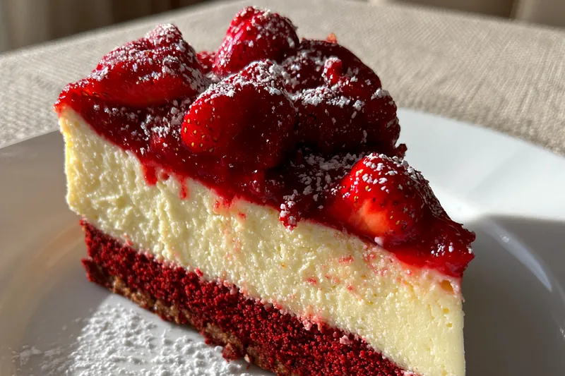 Baking process of Decadent Red Velvet Cheesecake in the oven, showcasing the beautiful rise and color.