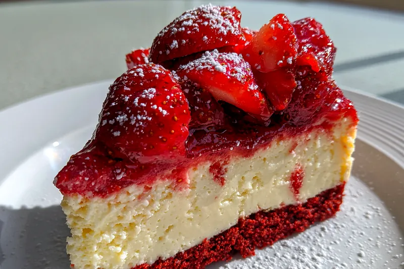 An assortment of fresh ingredients, including flour, sugar, cream cheese, and red food coloring for Decadent Red Velvet Cheesecake.