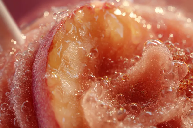 High-powered blender filled with chunky orange peach mixture mid-blend, showing the transformation from fruit pieces to smooth slurpee base