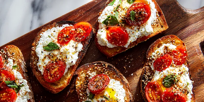 Golden toasted sourdough bread topped with creamy ricotta, fresh tomato slices, and vibrant basil leaves, drizzled with olive oil on a white plate