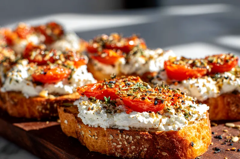 Fresh ingredients for ricotta toast including sourdough bread, creamy ricotta, ripe tomatoes, fresh basil, olive oil, and lemon arranged on a marble surface