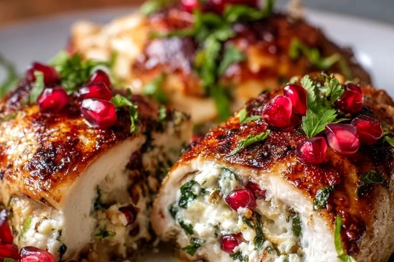 Ricotta pomegranate stuffed chicken breast being seared in a cast iron skillet, showing golden-brown crust formation and proper cooking technique