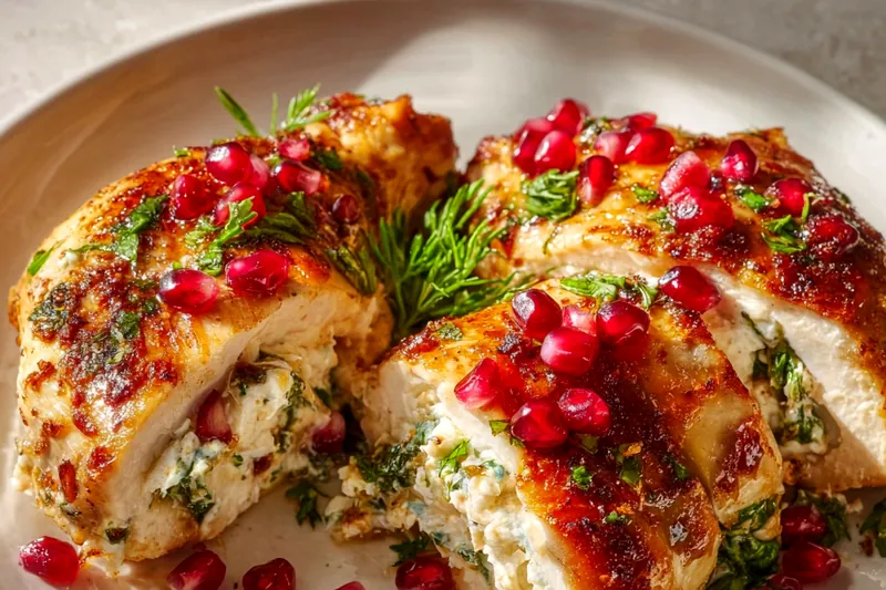 Fresh ingredients for ricotta pomegranate stuffed chicken including butterflied chicken breasts, creamy ricotta, ruby pomegranate seeds, fresh basil, and lemons arranged on marble surface