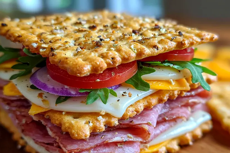 Step-by-step assembly of Ritz cracker sandwiches showing cream cheese spreading, ham layering, and cucumber placement on a clean kitchen counter