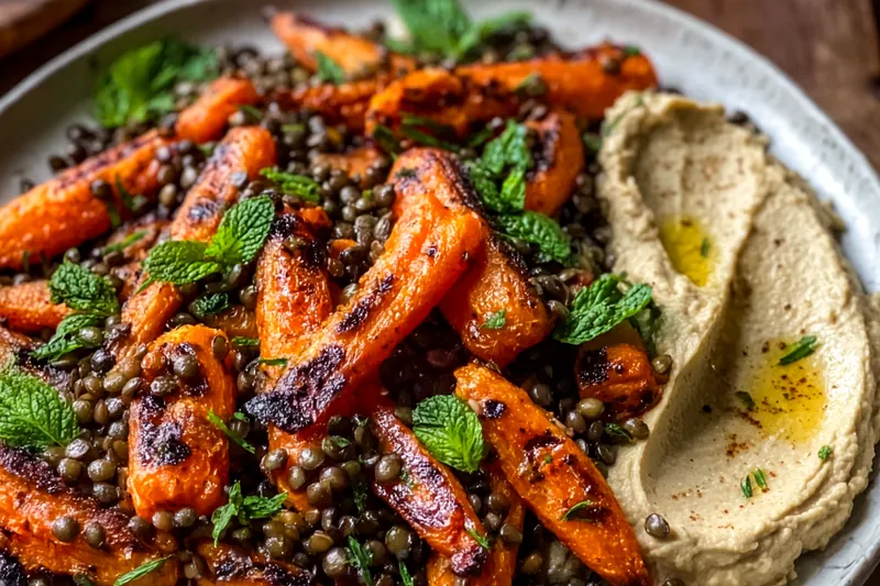 Golden roasted carrots on baking sheet showing perfect caramelization, with cooked lentils in separate bowl ready for combining