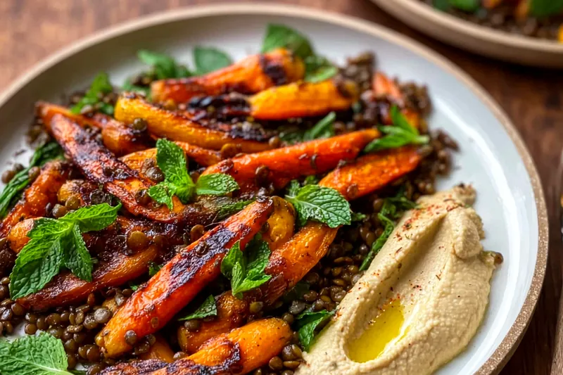 Fresh ingredients for roasted carrot and lentil salad including colorful carrots, dried lentils, fresh herbs, and spices arranged on wooden board